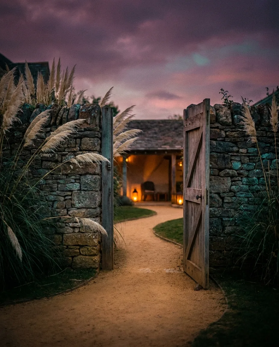 A path leading through an open wooden gate in a stone wall at dusk
